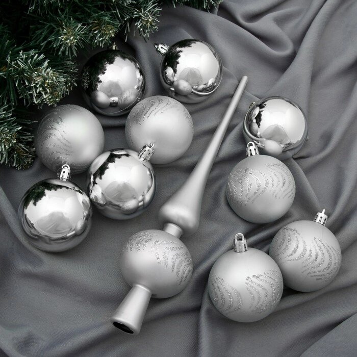 Набор шаров пластик с верхушкой 21 шт "Изгибы" (20 шаров, верхушка) серебро от компании Интернет-гипермаркет «MOLL» - фото 1