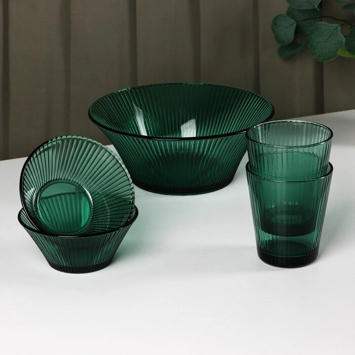 Набор стеклянной посуды "Верде", 5 предметов: 2 стакана 330 мл, 2 тарелки 280 мл, салатник 1,6 л, цвет зелёный от компании Интернет-гипермаркет «MOLL» - фото 1