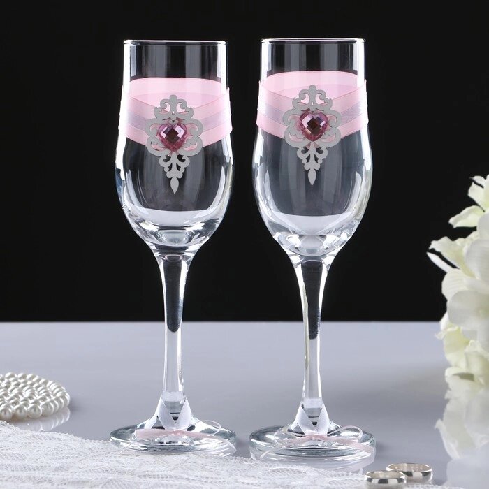 Набор свадебных бокалов "Прага", ручной работы, белый - розовый пастель, 6х6х20,5 см, 2 шт. от компании Интернет-гипермаркет «MOLL» - фото 1