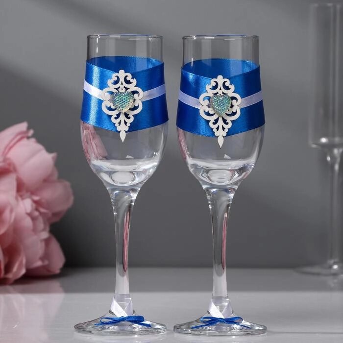 Набор свадебных бокалов "Прага", ручной работы, белый-синий, 6х6х20,5 см, 2 шт. от компании Интернет-гипермаркет «MOLL» - фото 1