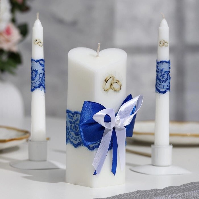 Набор свечей "Кружевной", синий : Домашний очаг 6.8х15см, Родительские свечи 1.8х17.5см от компании Интернет-гипермаркет «MOLL» - фото 1
