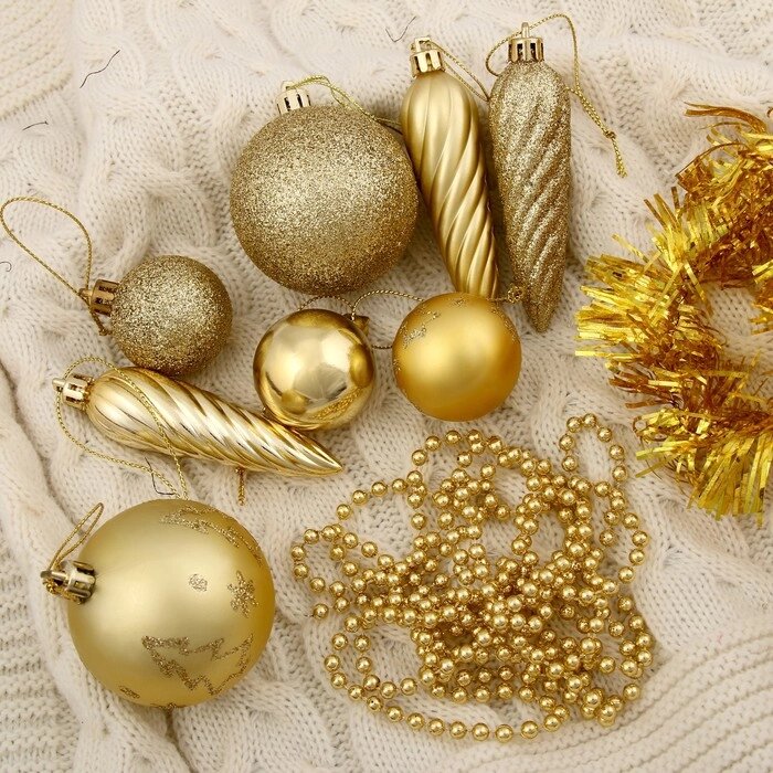 Набор украшений пластик 26 шт "Новогоднее веселье" с бусами и мишурой, золотой от компании Интернет-гипермаркет «MOLL» - фото 1