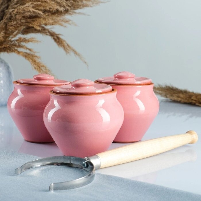 Набор "Вятская керамика Трио" 0,5лх3шт + ухват, розовый от компании Интернет-гипермаркет «MOLL» - фото 1