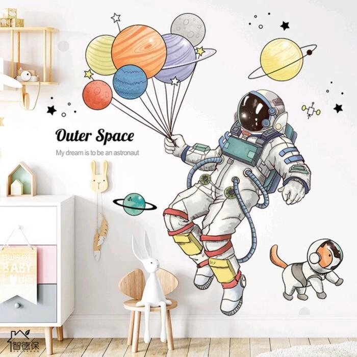 Наклейка пластик интерьерная цветная "Космонавт и планеты в связке" 30х90 см  набор2 листа от компании Интернет-гипермаркет «MOLL» - фото 1