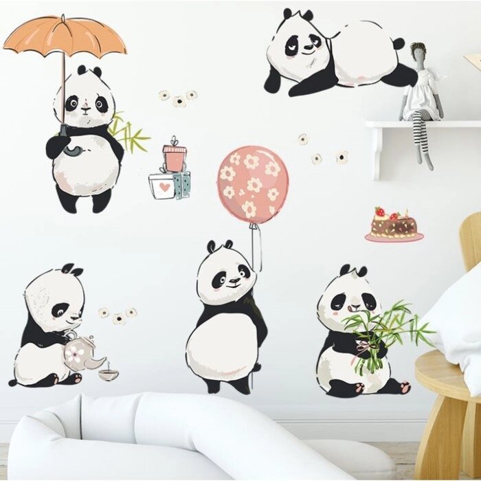 Наклейка пластик интерьерная цветная "Милые панды" набор 2 листа 30х90 см от компании Интернет-гипермаркет «MOLL» - фото 1