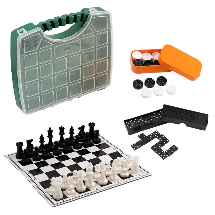Настольная игра 3 в 1 "В дорогу": шахматы, домино, шашки (2 доски из картона 29х29 см) от компании Интернет-гипермаркет «MOLL» - фото 1