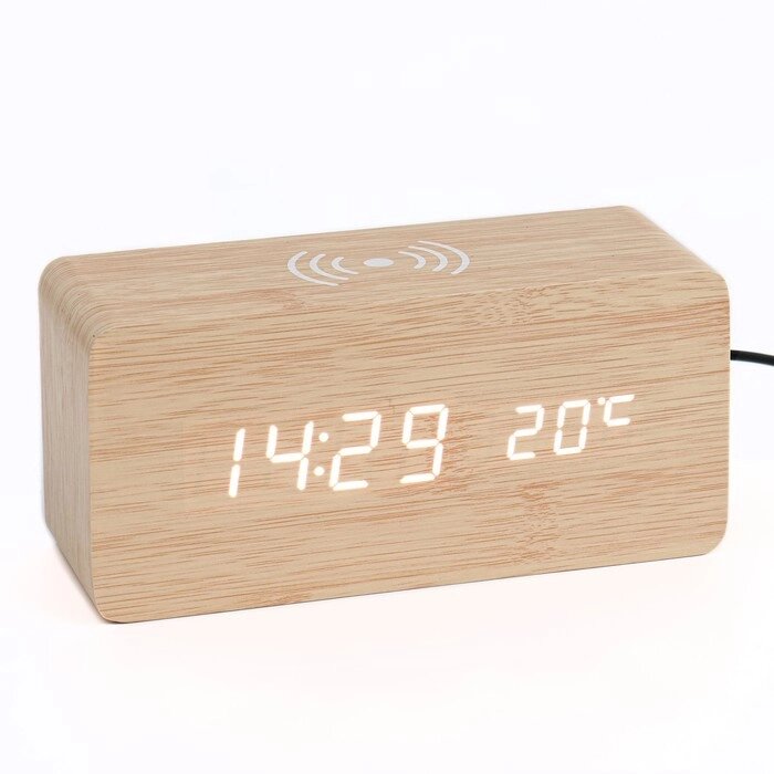 Настольные электронные часы "Цифра-ТЗ", термометр, QI зарядка, белая индикация от компании Интернет-гипермаркет «MOLL» - фото 1