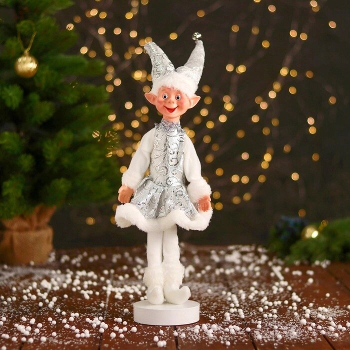 Новогодний шут "В узорном платье с мехом" 30 см, серебристо-белый от компании Интернет-гипермаркет «MOLL» - фото 1