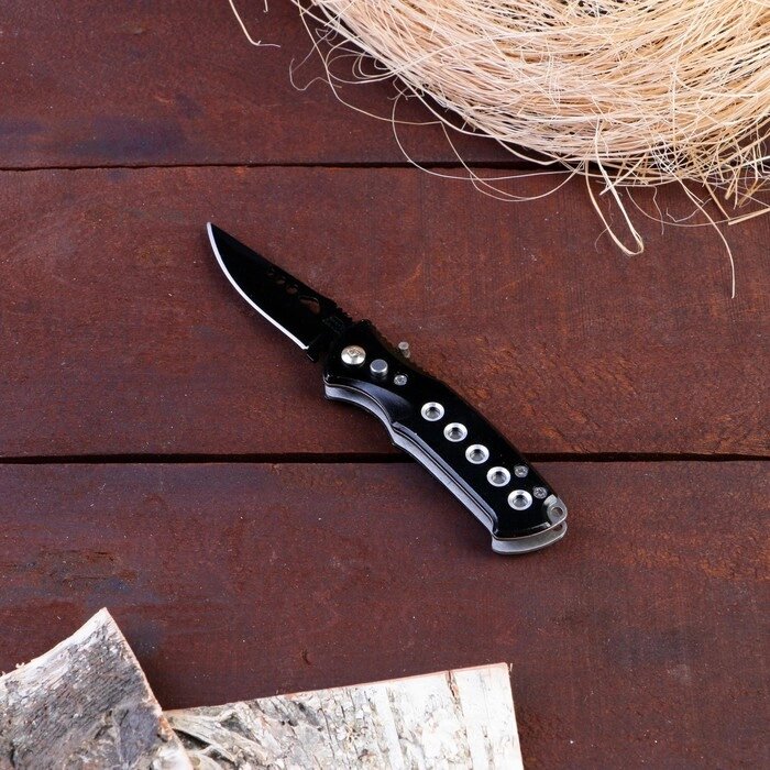 Нож складной автоматический, рукоять черная с отверстиями, клинок 8.5 см от компании Интернет-гипермаркет «MOLL» - фото 1