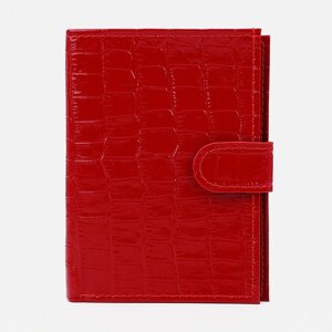 Обложка для автодокументов и паспорта, с хлястиком, отдел для купюр, крокодил, цвет красный