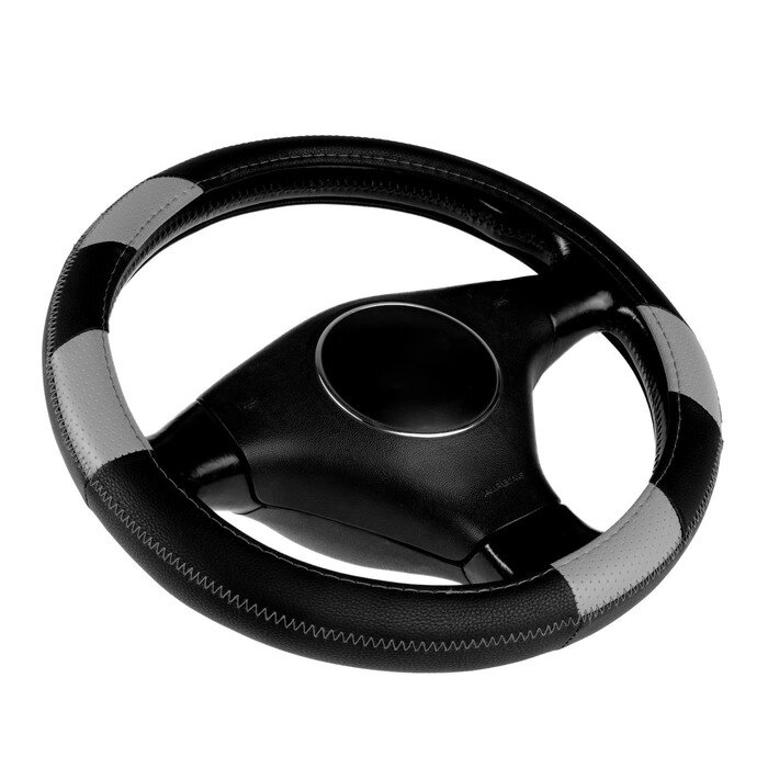 Оплетка Nova Bright экокожа, черная, перфорация, серые вставки, серая строчка, размер М от компании Интернет-гипермаркет «MOLL» - фото 1