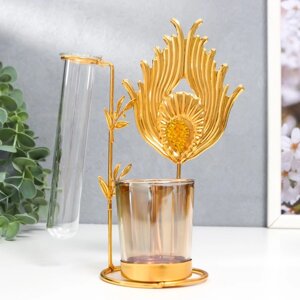 Подсвечник металл, стекло на 1 свечу с вазой "Золотое перо павлина" d-5 см, 7,5х12х17,5 см