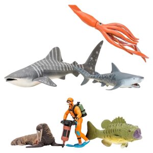 Набор фигурок: китовая акула, акула, морж, кальмар, окунь, дайвер, 6 предметов
