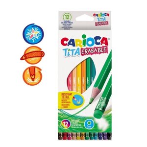 Карандаши пластиковые 12 цветов Carioca Tita 3.0 мм с ластик шестигранные, картонная коробка 42897