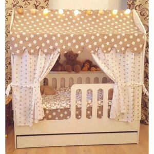 Детская кровать-домик с ящиком, белый, 800х1600, текстиль 1