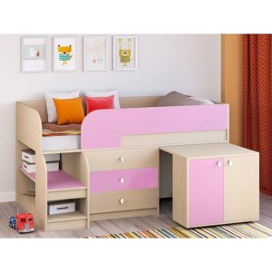 Детская кровать-чердак "Астра 9 V7", выдвижной стол, цвет дуб молочный/розовый