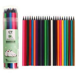 Карандаши 24 цвета в тубусе, шестигранные, пластиковые, черное основание
