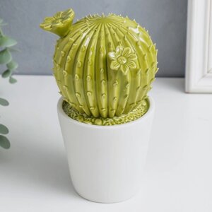 Сувенир керамика "Кактус цветущий в горшке" зелёный 11х12х21 см