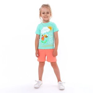 Комплект (футболка/шорты) для девочки, цвет зеленый/коралл, рост 122-128 см