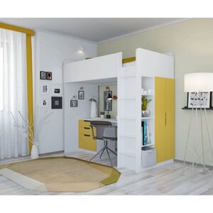 Кроватка-чердак Polini kids Simple с письменным столом и шкафом, цвет белый-солнечный