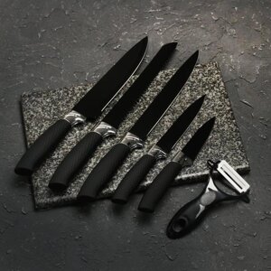 Набор "Тень", 6 предметов: ножи 19 см, 23 см, 32 см, 32 см, керамическая овощечистка, 324 см, цвет чёрный