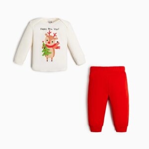 Комплект: джемпер и брюки Крошка Я "Новогодние зверята", рост 62-68 см, цвет красный/белый