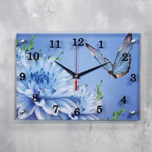 Часы настенные, серия: Цветы, "Голубые цветы и бабочка", 25х35 см, микс