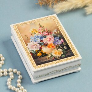 Шкатулка "Букет цветов в вазе", белая, 1014 см, лаковая миниатюра