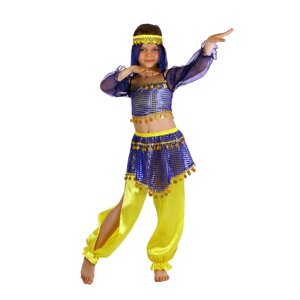 Карнавальный костюм "Восточная красавица. Шахерезада", топ с рукавами, штаны, повязка, цвет сине-жёлтый, р-р