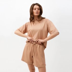 Костюм женский (футболка, шорты) MINAKU: Casual collection цвет песочный, р-р 50