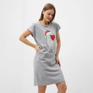 Платье домашнее женское с карманами "Мишка с сердцем", цвет серый меланж, размер 54