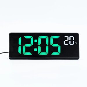 Часы электронные настольные, с будильником, термометром, 2 ААА, зеленые цифры,17.5 х 6.8 см