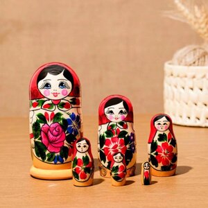 Матрёшка "Семёновская", красный платок, 6 кукольная, 12-15см