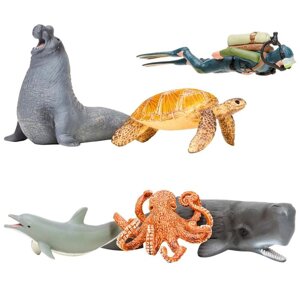 Набор фигурок: кашалот, морская черепаха, дельфин, осьминог, морской слон, дайвер