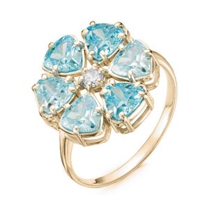 Кольцо позолота "Цветочек" 20-07302, цвет голубой в золоте, размер 17