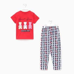 Пижама (футболка/брюки) для девочки, цвет красный, рост 122см