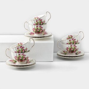 Сервиз фарфоровый чайный Spring, 12 предметов: 6 кружек 220 мл, 6 блюдец d=15 см, цвет белый