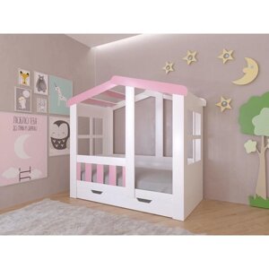 Детская кровать-чердак "Астра домик", с ящиком, цвет белый / розовый