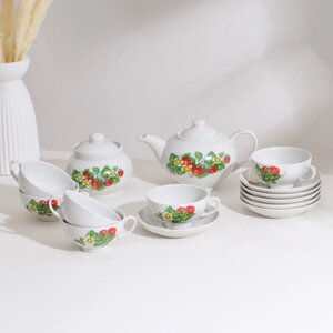 Сервиз чайный "Цветущая земляника", 14 предметов: чайник, сахарница, 6 чайных пар, фарфор