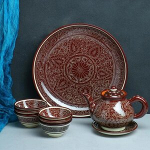 Набор чайный Риштанская Керамика, 9 предметов, коричневый: чайник 0.8 л, пиалы 0.3 л