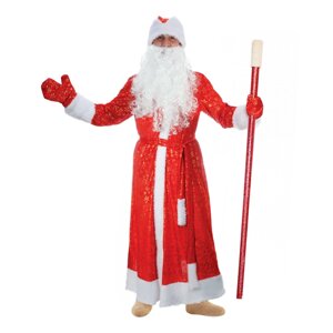 Карнавальный костюм Деда Мороза "Золотые снежинки", шуба, пояс, шапка, варежки, борода, р-р 52-54, рост