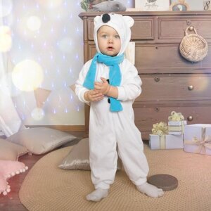 Карнавальный костюм для малышей "Медвежонок белый" с голубым шарфом, велюр, хлопок, рост 74-92 см