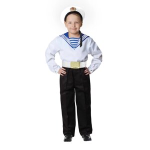 Карнавальный костюм "Моряк в бескозырке" для мальчика, белая фланка, брюки, ремень, р. 36, рост 140 см