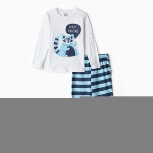 Пижама для мальчика (лонгслив/штанишки), цвет белый/синий/енот, рост 110см