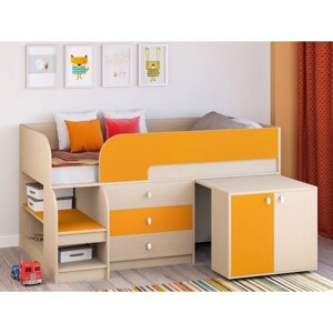 Детская кровать-чердак "Астра 9 V7", выдвижной стол, цвет дуб молочный/оранжевый