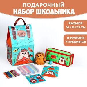 Подарочный набор школьника с мягкой игрушкой "Ёжик", 7 предметов