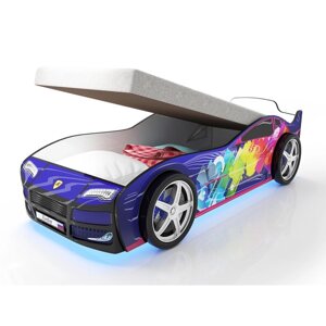 Кровать машина "Турбо синяя 2", подъёмный матрас, подсветка дна и фар, пластиковые колёса