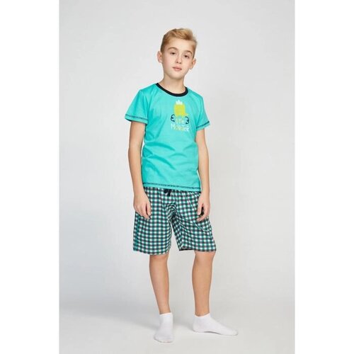 Пижама для мальчика (футболка, шорты), цвет зелёный/клетка, рост 122 (34)
