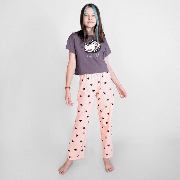 Пижама футболка и брюки "Симпл-димпл" для девочки, рост 152 см., цвет графит/персиковый от компании Интернет-гипермаркет «MOLL» - фото 1