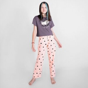 Пижама футболка и брюки "Симпл-димпл" для девочки, рост 152 см., цвет графит/персиковый